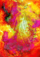 Obraz na płótnie Canvas Sketch of mystical woman in beautiful dress inspired by middle age design. Cosmic space.