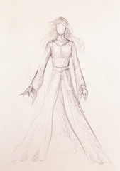 Fototapeta premium Sketch of mystical woman in beautiful dress inspired by middle age design.