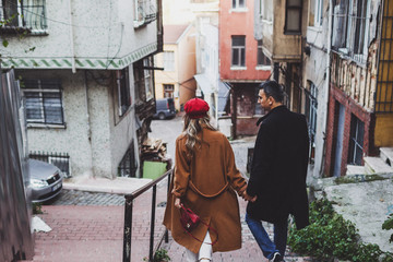 Couple walking at old istanbul streets in Balat