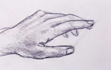 Drawing hand, pencil sketch on old paper.