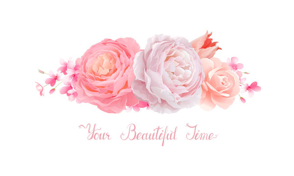 Elegance flowers bouquet of color pink roses and tulip. Composition with blossom flowers branches and lettering.