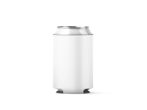 Blank white collapsible beer can koozie mockup isolated, 3d rendering. Empty neoprene cooler holder mock up for tin beverage. Plain drinkware hugger design template. Clear fizzy pop soda sleeve.