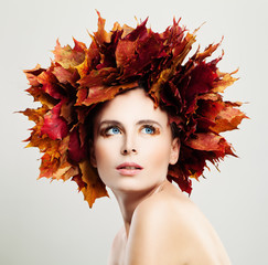 Autumn Woman in Wreath of Fall Leaves