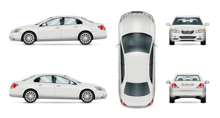 Car vector template on white background. Business sedan isolated. All layers and groups well organized for easy editing and recolor. View from side, front, back, top. - obrazy, fototapety, plakaty