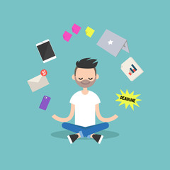 Dealing with stress. Young caucasian man meditating with closed eyes in lotus pose surrounded by floating gadgets. Yoga and meditation / flat editable vector illustration, clip art