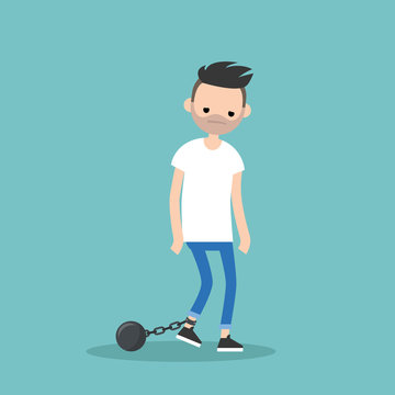 Young exhausted brunette man wearing shackles. Sad tired character/ flat editable vector illustration