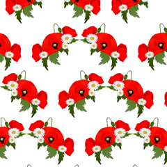 Pattern with chamomile and poppies flowers