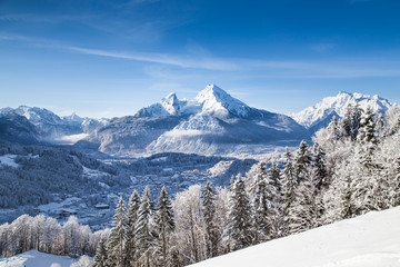 Winter wonderland with Watzmann mountain in winter, Bavaria, Germany