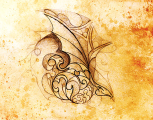 Drawing of ornament and dragon head on old paper. Color effect.