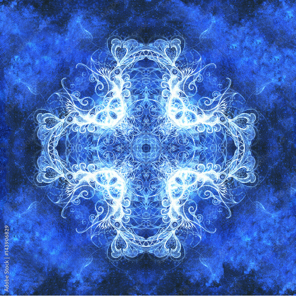 Aufkleber ornamental mandala. original hand draw and computer collage. blue color structure. winter effect.