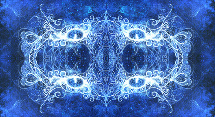 Ornamental mandala. Original hand draw and computer collage. Blue color structure. Winter effect.