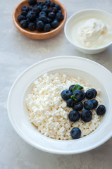 Organic Farming Cottage cheese in a plate sour cream and blueberries on a white stone background. Copy space.