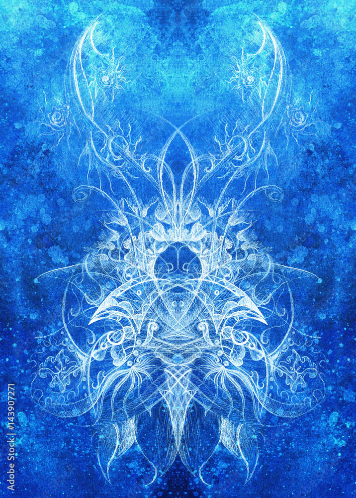 Poster Ornamental Drawing. Original hand draw and computer collage. Color structure. Blue color structure.