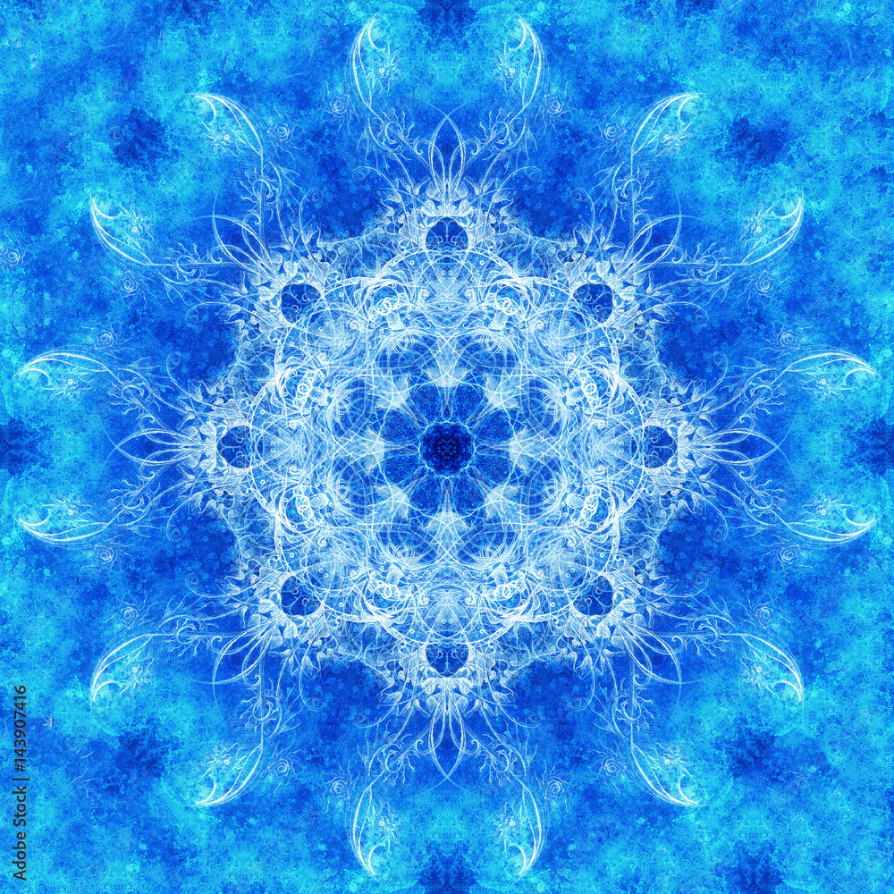 Poster Ornamental mandala. Original hand draw and computer collage. Blue color structure. Winter effect.