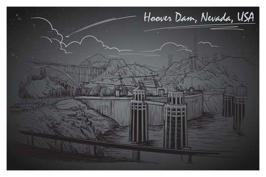 Hoover Dam stunning panoramic view. Black and white linear hand drawing. Sketch style. EPS10 vector illustration.