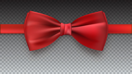 Realistic red bow tie, vector illustration, isolated on transparent background. Elegant silk neck bow.