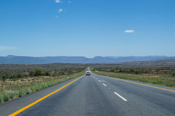 Prairie Landscape with Mountains, Highway and Campervan, Free State, South Africa