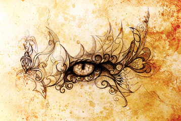 Mystic eye and beautiful ornamental. Drawing on old paper, original hand draw. Color effect.