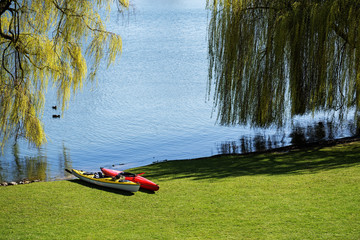 Two kayaks lie in the lawn under trees on the wide shore of a lake, ready for leisure activity, copy space