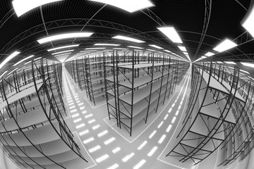 design element. 3D illustration. rendering. black and white empty warehouse
