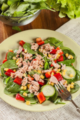 Fresh spinach salad with tuna, cucumber, corn, and red paprika o