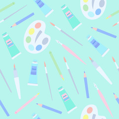 Painting tools seamless pattern. Brushes, palette, pencils and tubes of colors