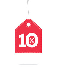 Vector red hanging price tag label designed with 10% text and stitches on it and with shadow isolated on white background. For spring summer sale campaign.