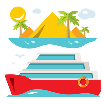 Vector Luxury Cruise Ship. Flat style colorful Cartoon illustration.