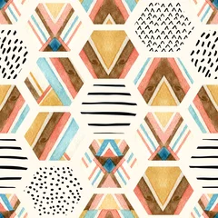 Fototapete Grafikdrucke Nahtloses Muster des Aquarellsechsecks mit geometrischen dekorativen Elementen