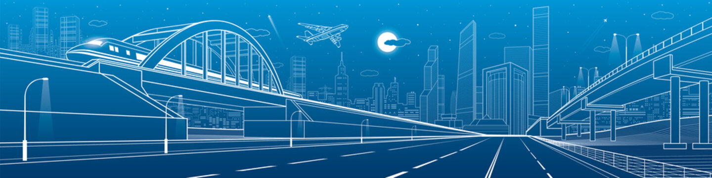 Train traveling along the railway bridge, empty highway, road overpass. Urban infrastructure panorama, modern city on background, industrial architecture, towers and skyscrapers. Vector design art 