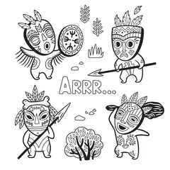 Fotobehang Set of stone age tribe people in masks. Coloring page © penguin_house