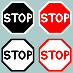 Stop sign red black white icon.