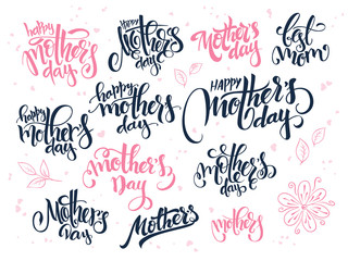 vector hand lettering happy mother's day text set, written in various styles with doodle flowers and hearts
