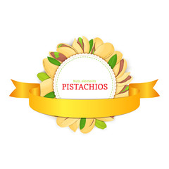Round white badge composed of pistachios nut and ribbon. Vector card illustration