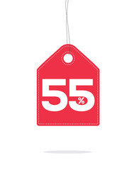 Vector red hanging price tag label designed with 55% text and stitches on it and with shadow isolated on white background. For spring summer sale campaign.