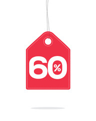 Vector red hanging price tag label designed with 60% text and stitches on it and with shadow isolated on white background. For spring summer sale campaign.