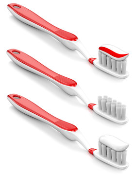 Toothbrushes with paste without. Set of multicolored 3d images isolated on white