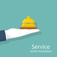 Hand holding service bell. Vector illustration flat design. Isolated on background. Bell hotel. Receptionist concept. Portrait, concierge. Giving service. - obrazy, fototapety, plakaty