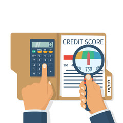 Credit score, gauge. Study credit information. Hold calculator and magnifying glas. Report form document. Vector illustration flat design. Isolated on white background. Graph sheet. Financial rating.