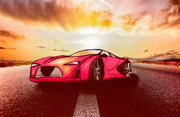 Auto sportiva rossa con strada e tramonto © tuniz