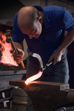 Farrier forging horseshoe on anvil