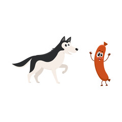 Cute black and white Husky dog and sausage characters, cartoon vector illustration isolated on white background. Funny husky dog and sausage character with human face and raised arms