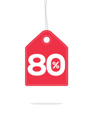 Vector red hanging price tag label designed with 80% text and stitches on it and with shadow isolated on white background. For spring summer sale campaign.