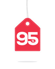 Vector red hanging price tag label designed with 95% text and stitches on it and with shadow isolated on white background. For spring summer sale campaign.