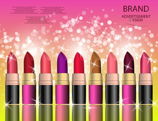 Glamorous colorful lipstick set on the sparkling effects background