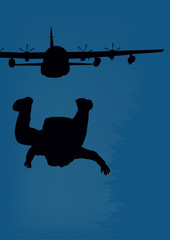 Illustration, military aircraft and paratrooper