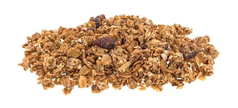 Organic cranberry nut granola isolated on a white background.