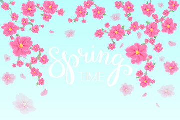 Spring time. Sakura japan cherry branch with blooming flowers. Hand lettering. Vector illustration
