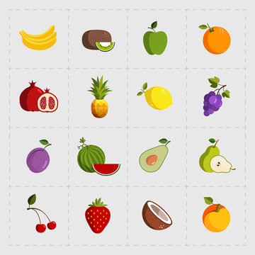 Colorful Fruit Icon Set on White Background 