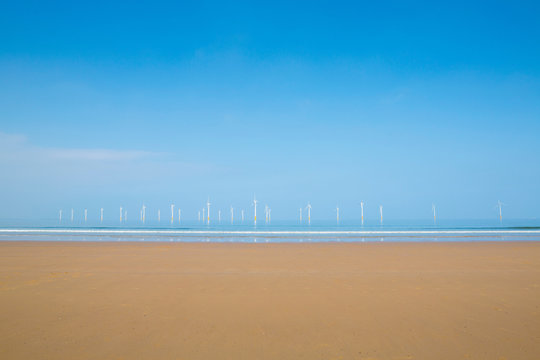 Teeside windfarm off Redcar beach, North Yorkshire